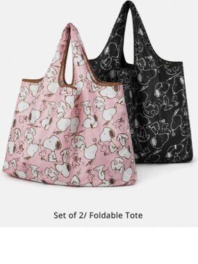 （Set x 2) Snoopy Dog Tote Pink Black 2-Way LARGE Market Foldable Lightweight Bag